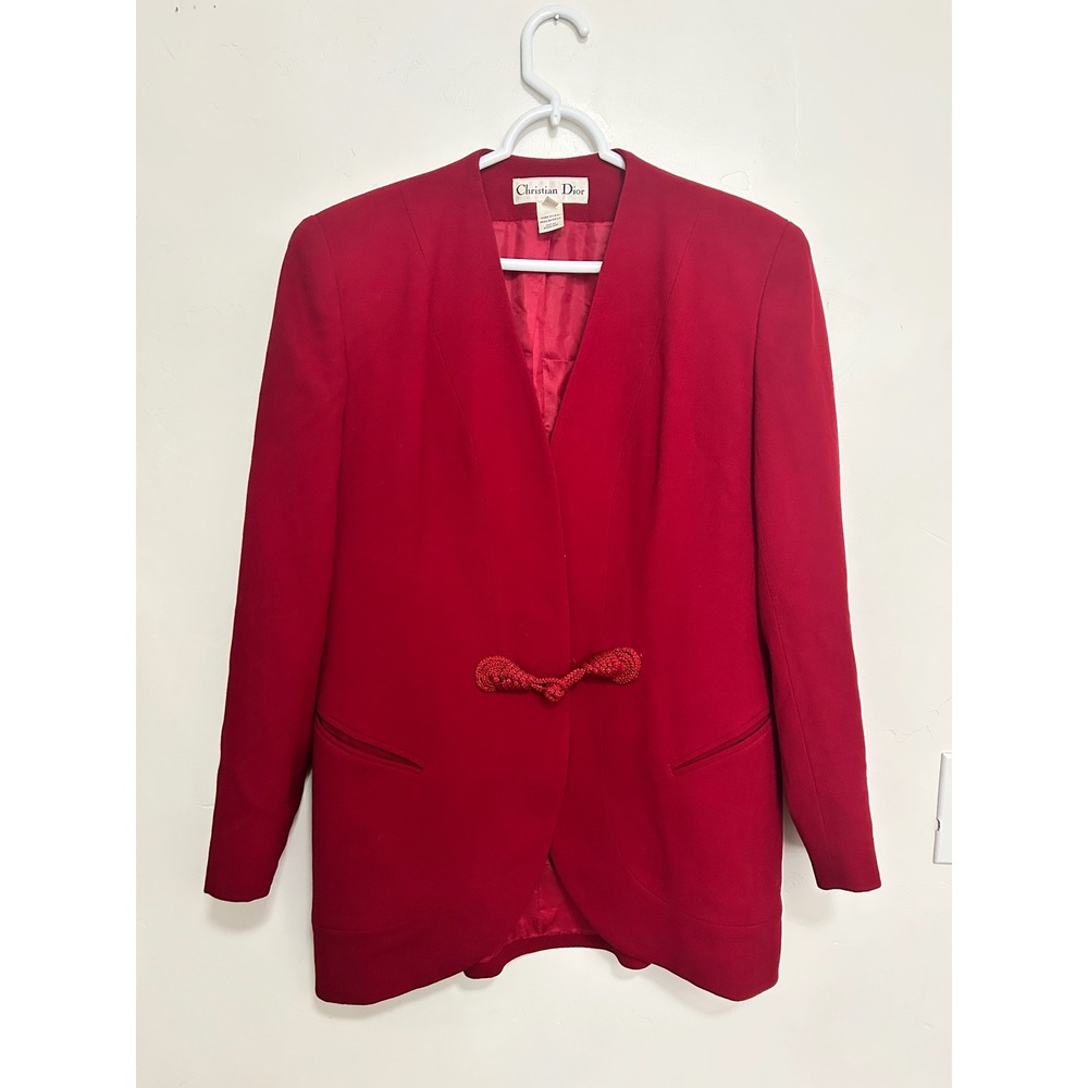 Christian Dior Red Worsted Wool Vintage Blazer Frog Closure Jacket Womens 8